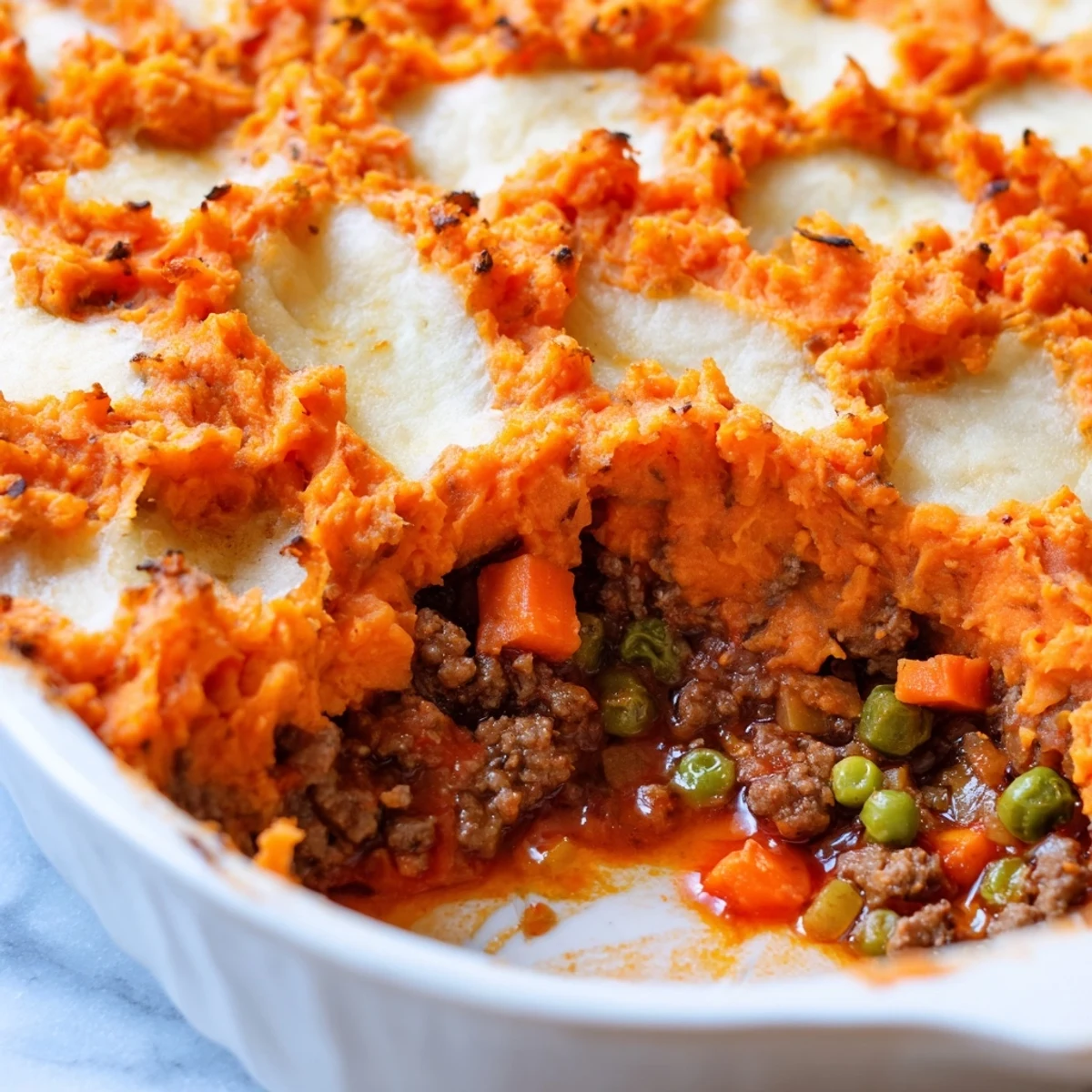 Fresh thyme, peas, and carrots peek through the rich gravy in this savory sweet potato shepherds pie ready for dinner.