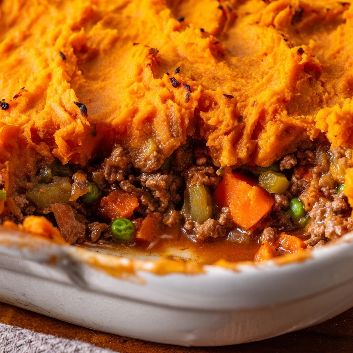 A golden-brown crust tops this hearty sweet potato shepherds pie, served hot alongside a crisp green salad for a complete meal.