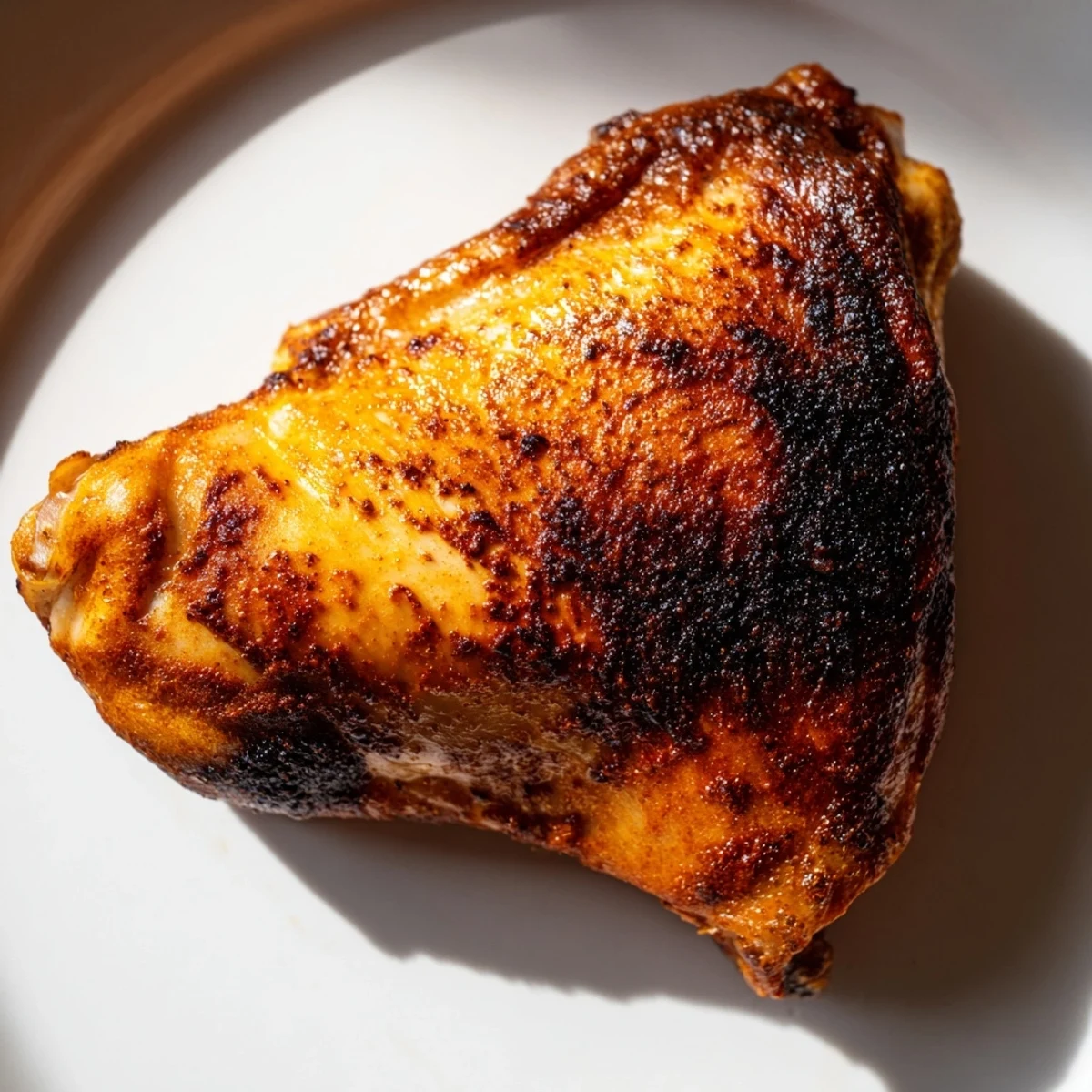 Golden-brown Cajun Spiced Roasted Chicken Thighs with crispy skin and fresh parsley garnish, served with lemon wedges.