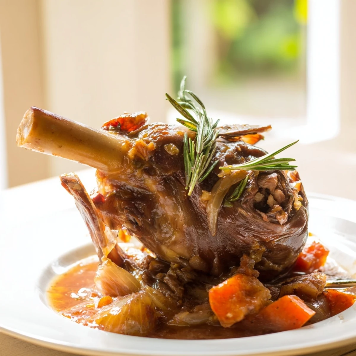 Slow Cooked Lamb Shanks with Rosemary Gravy served over creamy mashed potatoes, ready for a comforting dinner.