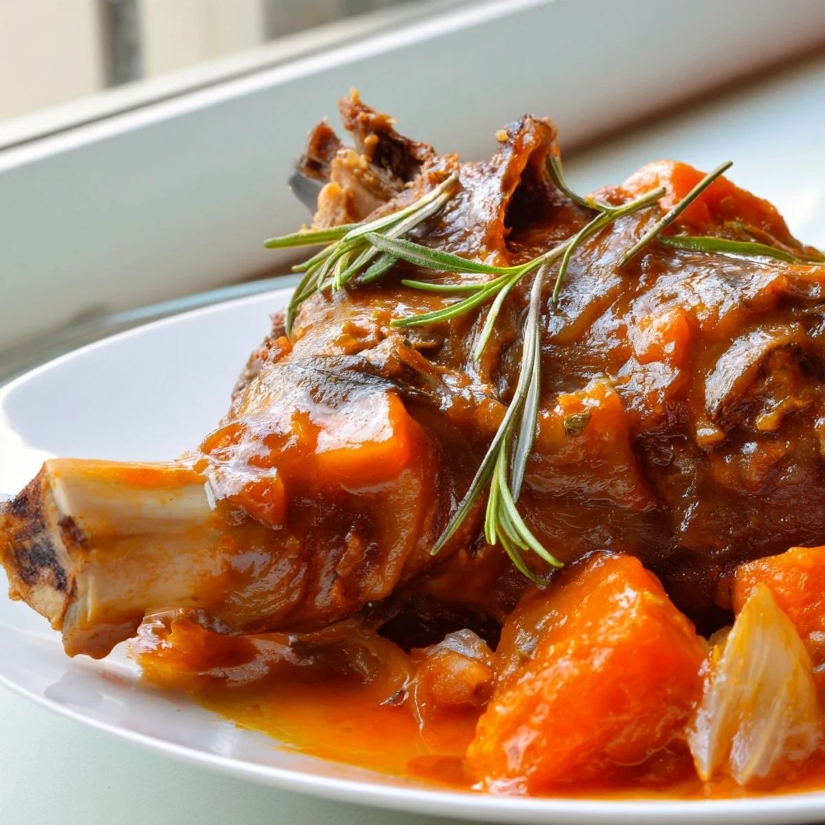 A close-up view of tender Slow Cooked Lamb Shanks with Rosemary Gravy, highlighting the rich, savory sauce.