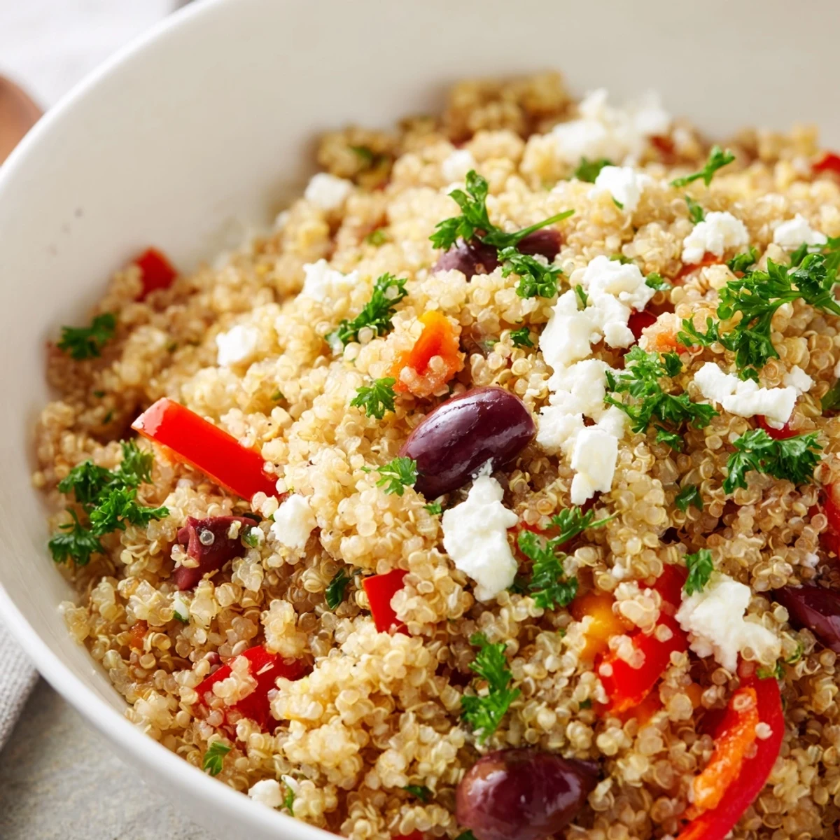 Freshly prepared Mediterranean Quinoa Salad with Feta and Olives featuring vibrant red tomatoes and cucumbers for a light lunch.