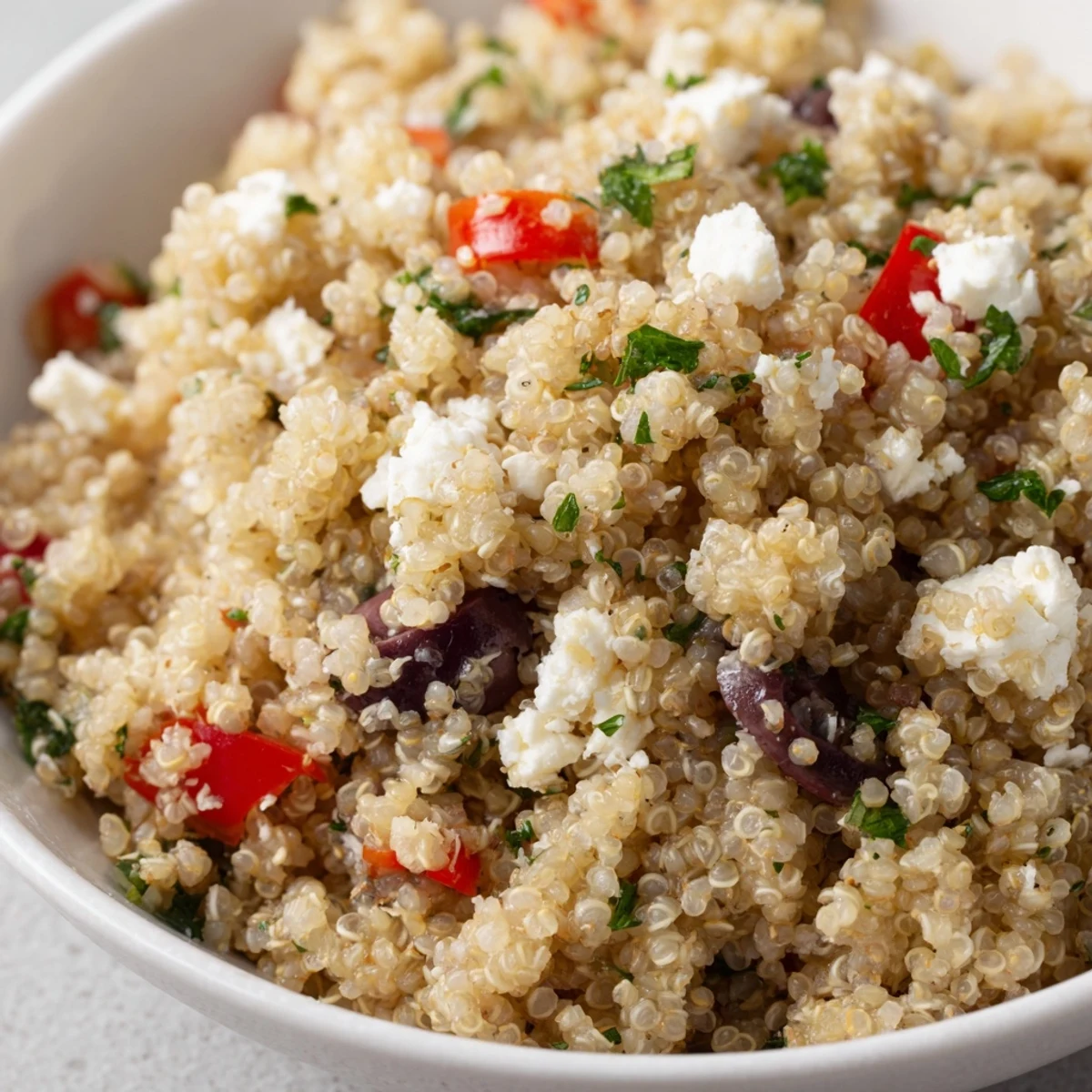 Mediterranean Quinoa Salad with Feta and Olives plated with crumbled cheese and Kalamatas, served alongside grilled chicken for dinner.