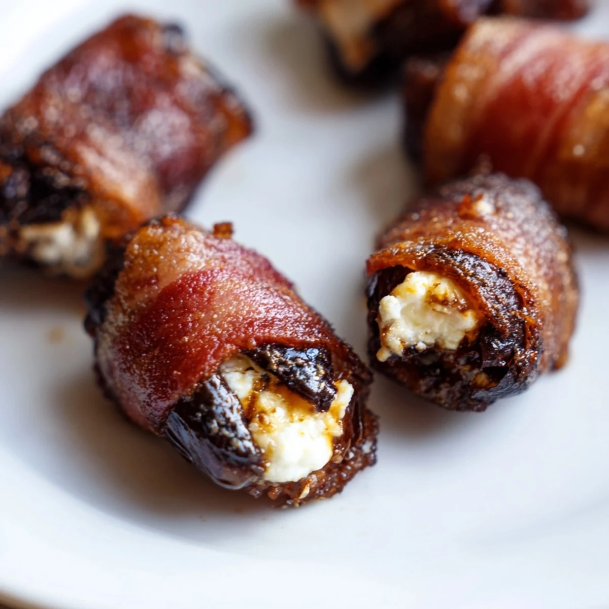 A close-up of Crispy Beef Bacon Wrapped Dates with Goat Cheese, revealing the creamy filling and crispy, smoky bacon exterior.