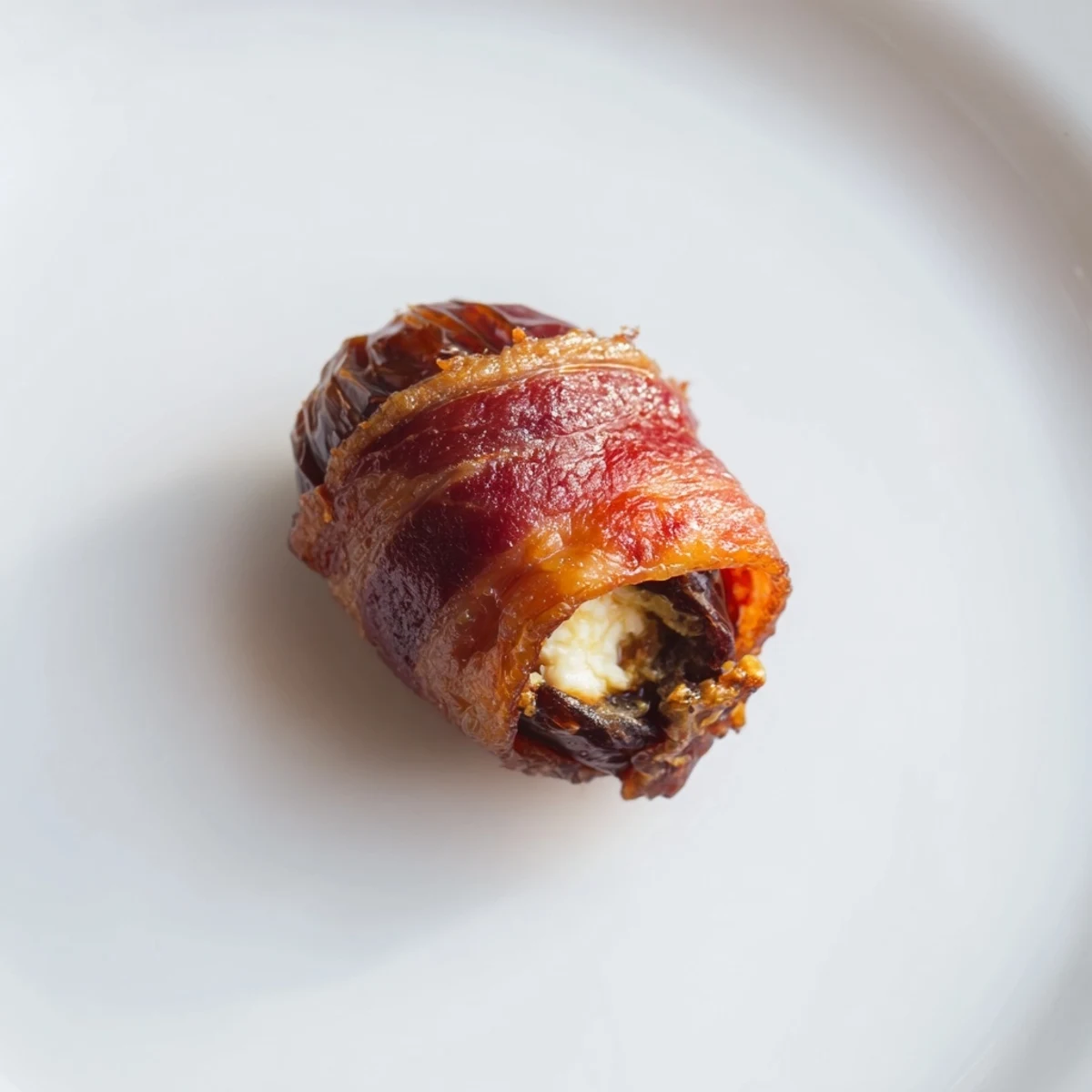 Golden-brown Crispy Beef Bacon Wrapped Dates with Goat Cheese, drizzled with honey and sprinkled with parsley on a rustic wooden board.