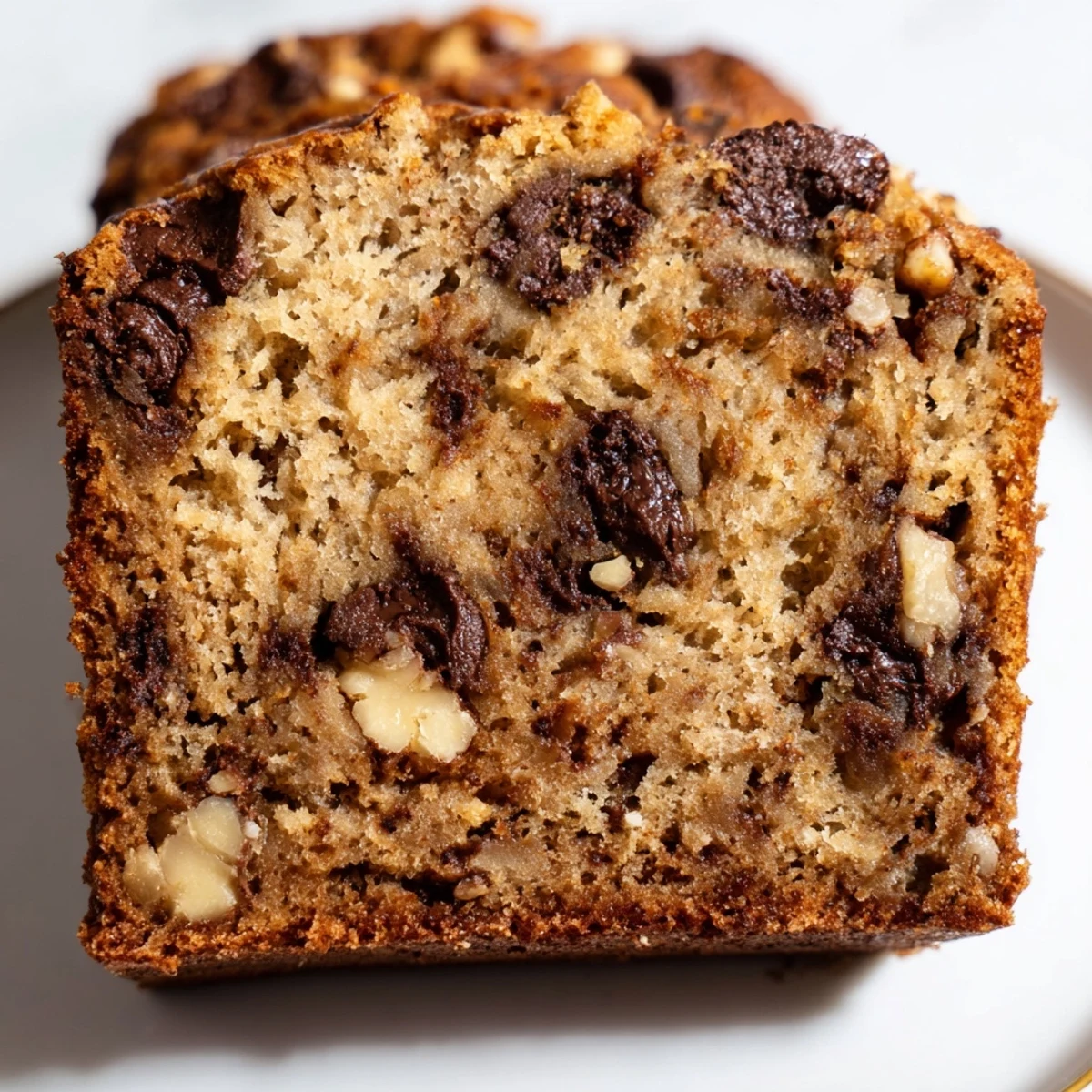 Freshly baked Chocolate Chip Banana Bread with Walnuts slices on a wooden board, ready to serve