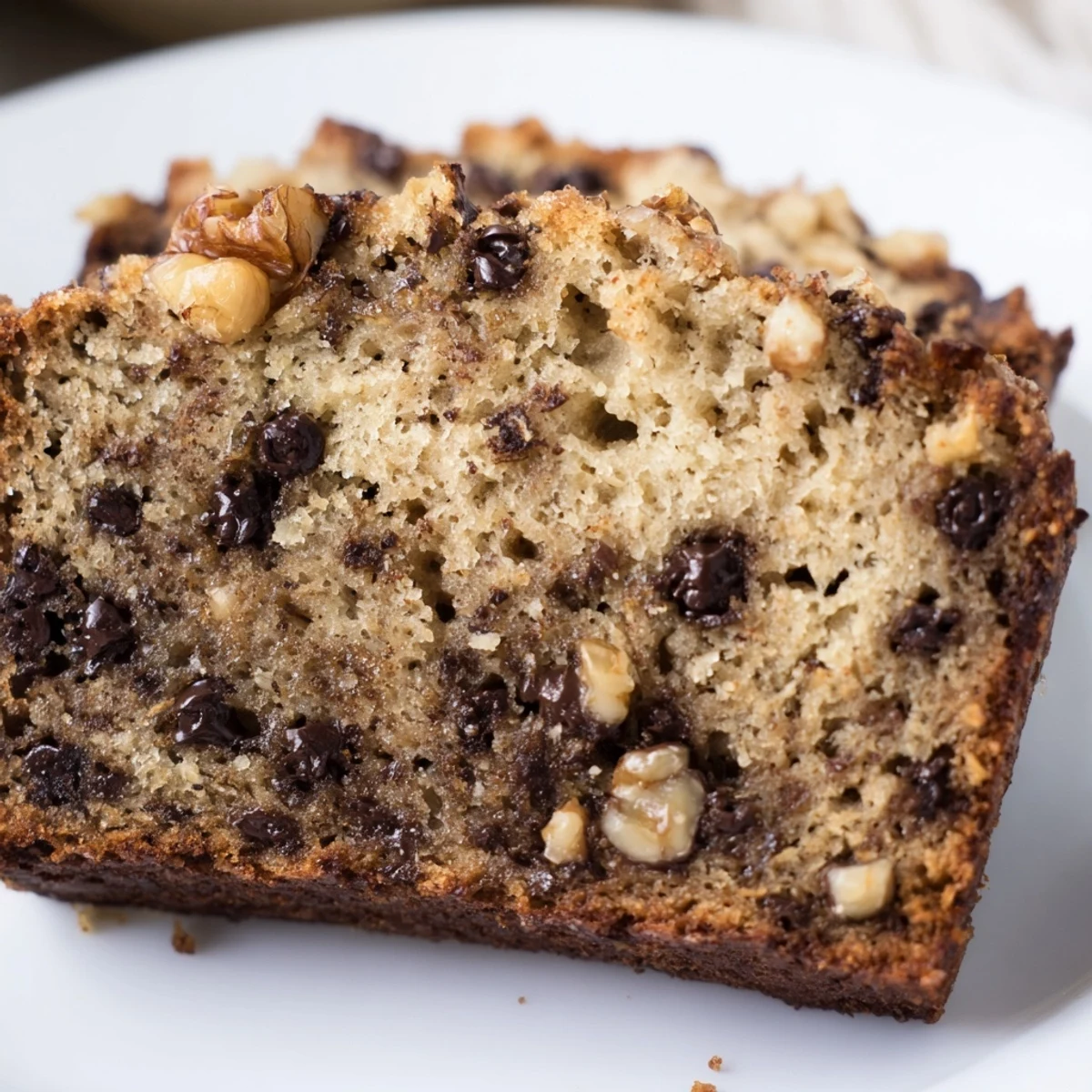 Warm slice of Chocolate Chip Banana Bread with Walnuts showing melted chocolate chips and crunchy nut pieces