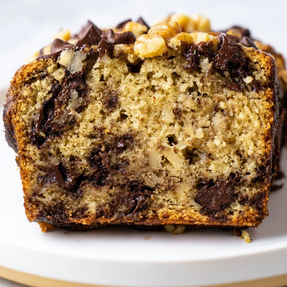 Moist Chocolate Chip Banana Bread with Walnuts loaf baked in a lined pan with golden crust