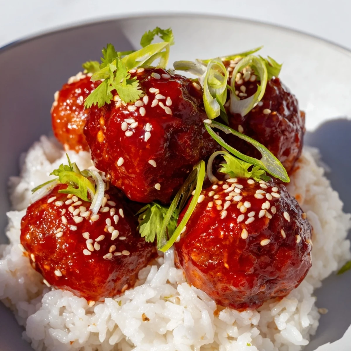 Golden-brown spicy Sriracha beef meatballs simmering in a glossy sauce, served over fluffy white rice and garnished with green onions and sesame seeds for a vibrant meal.