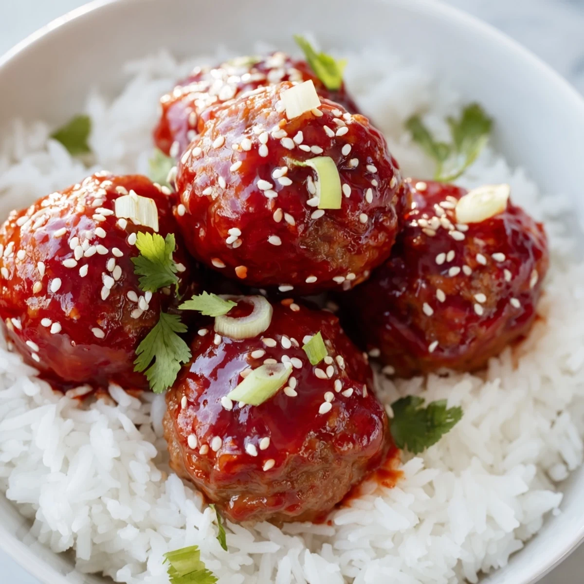 Freshly baked Spicy Sriracha Beef Meatballs rest on a bed of steamed jasmine rice, topped with a drizzle of sweet and tangy glaze and cilantro.
