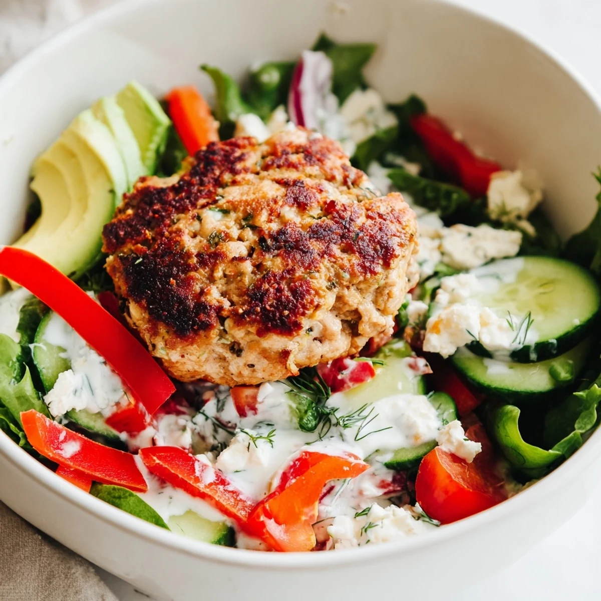 Juicy turkey burger patties sit atop crisp mixed greens, diced tomatoes, cucumbers, and creamy avocado in this vibrant salad bowl.