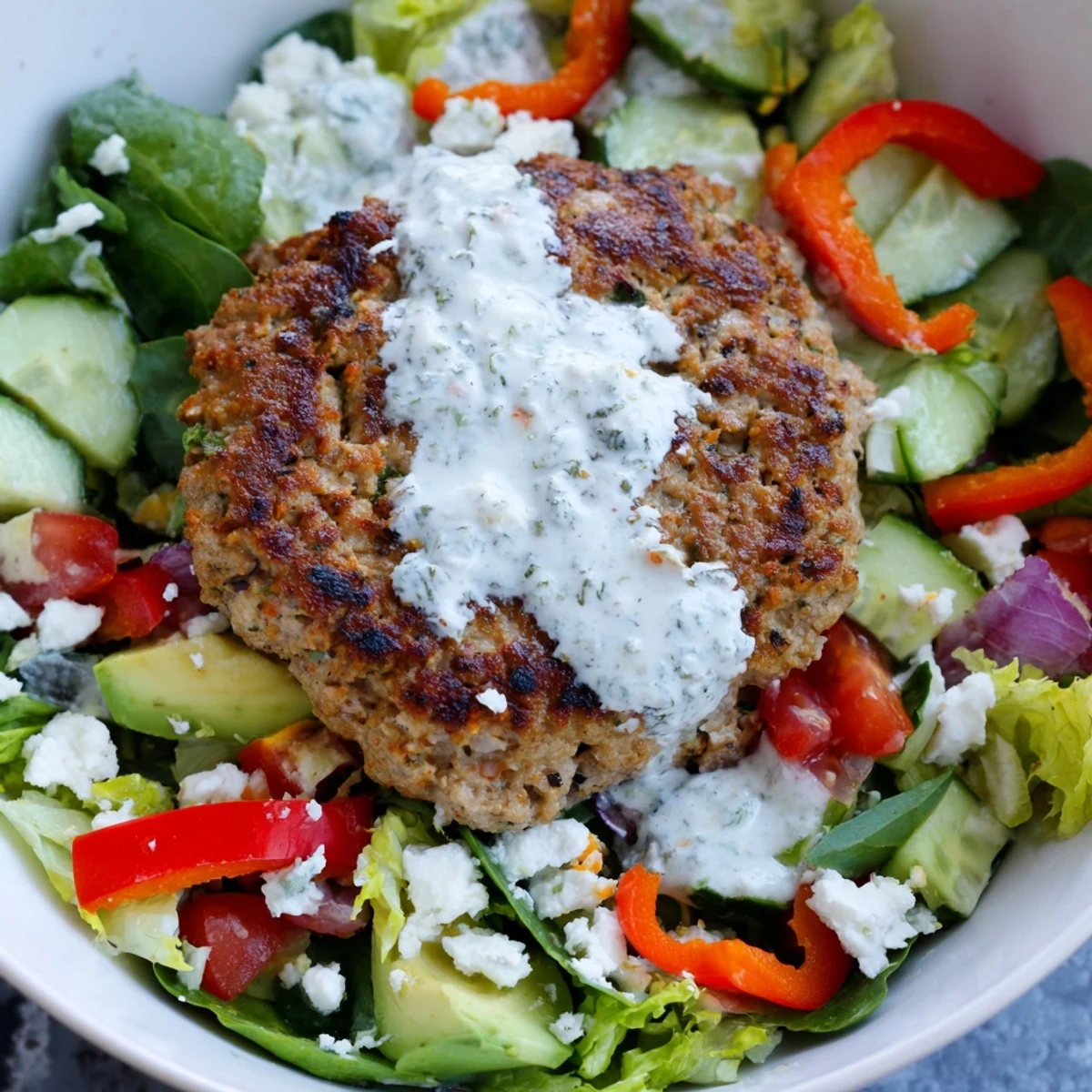 A slice of feta cheese and zesty yogurt dressing garnish this hearty Turkey Burger Salad Bowl, perfect for a light yet filling meal.