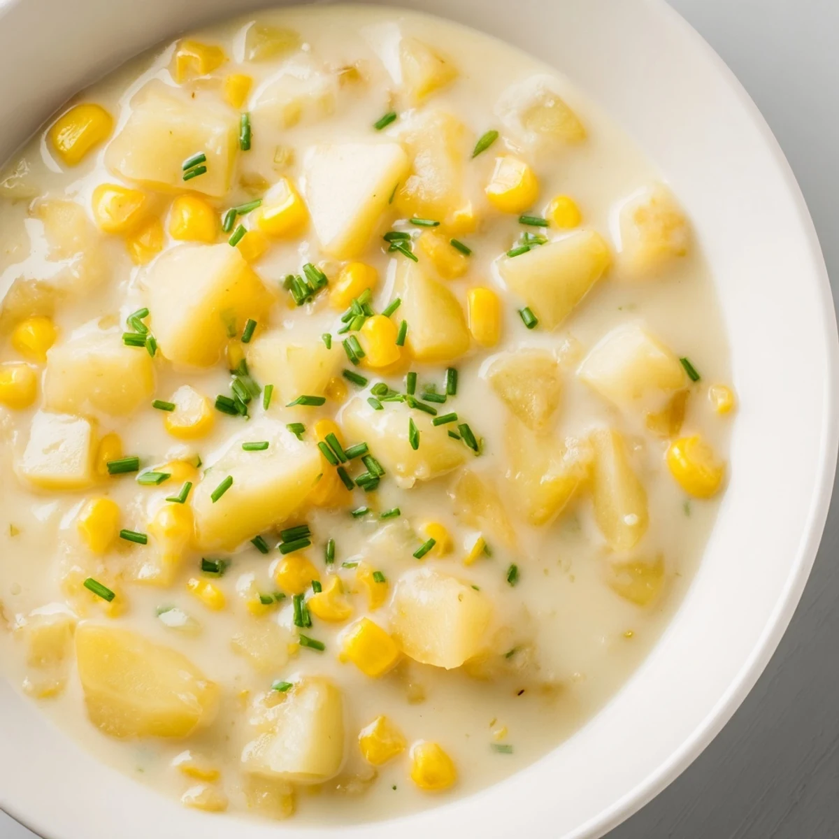 A warm bowl of Creamy Corn and Potato Chowder garnished with fresh chives and cracked black pepper, served next to a slice of crusty bread for dipping.
