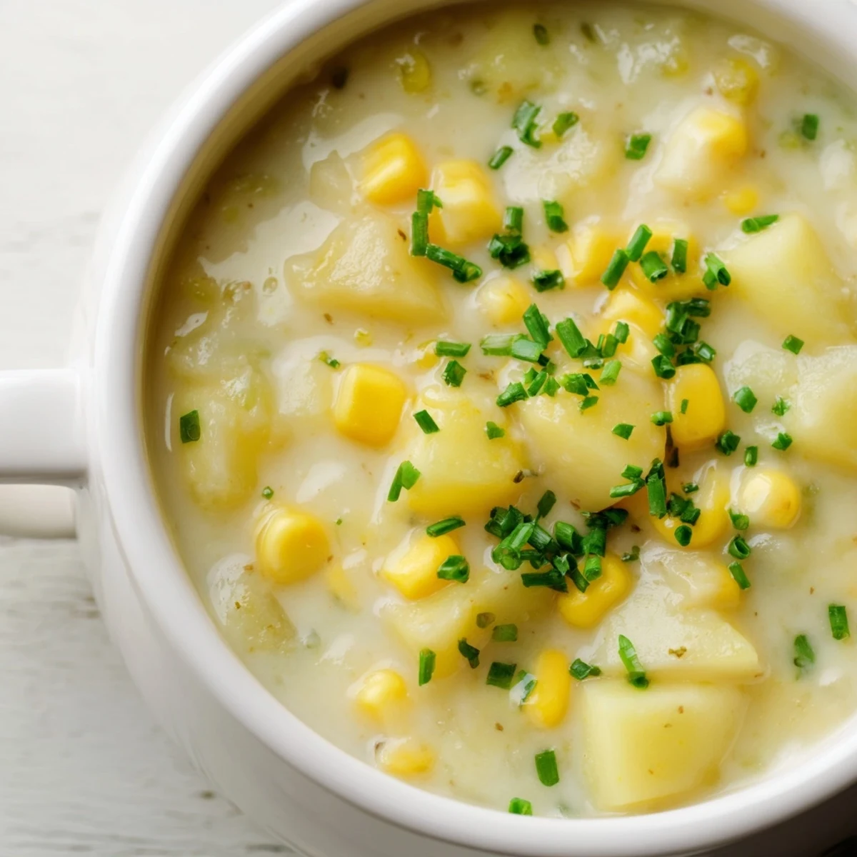 Close-up on Creamy Corn and Potato Chowder in a ceramic mug, steam rising from the rich, buttery soup dotted with diced vegetables and herbs.