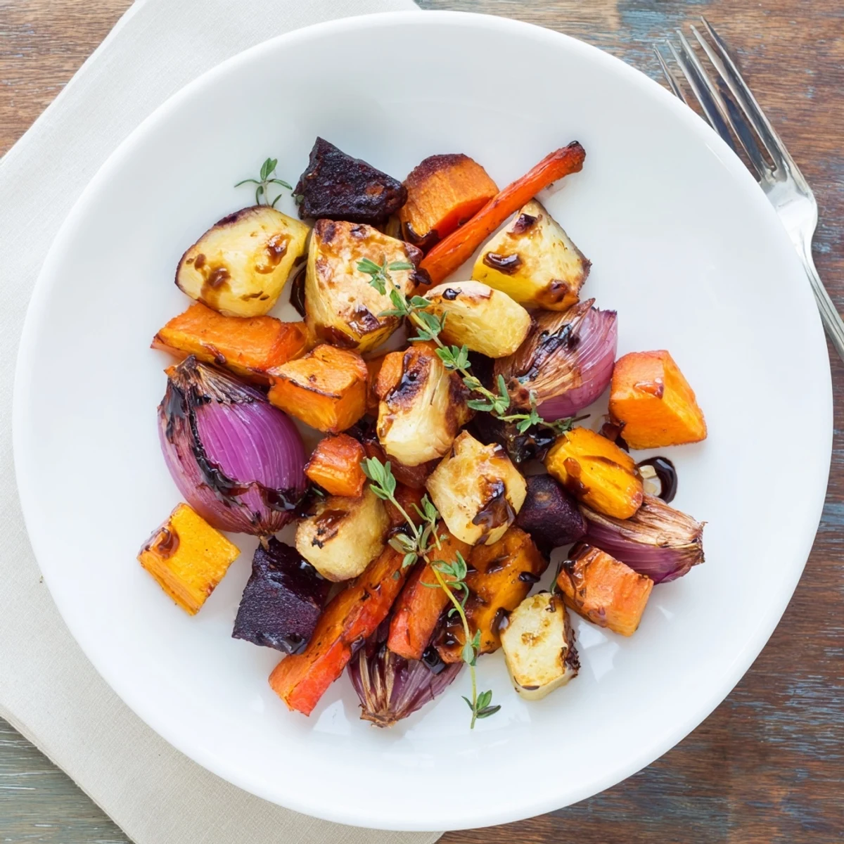 Golden roasted root vegetables with balsamic glaze glisten on a rustic wooden table, showcasing caramelized carrots, parsnips, and beets.  