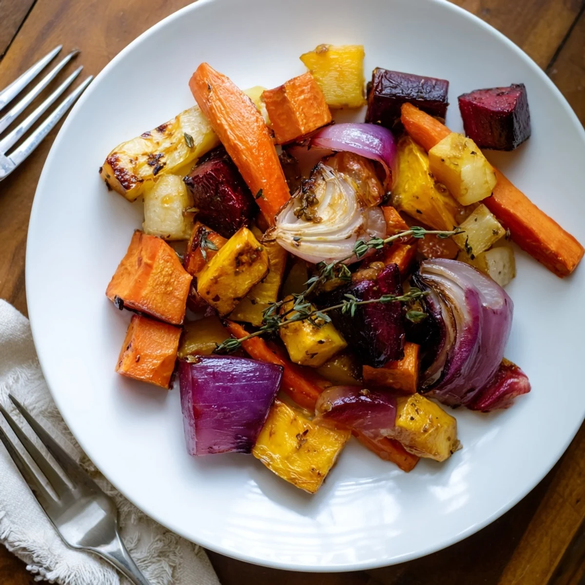 A close-up of Roasted Root Vegetables with Balsamic highlights tender sweet potato and red onion wedges drizzled with tangy glaze.  
