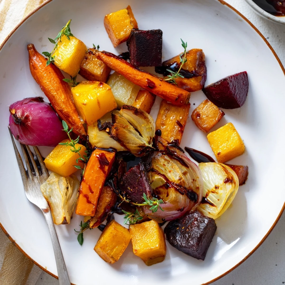 Savory Roasted Root Vegetables with Balsamic served warm, garnished with fresh thyme, paired alongside a hearty vegetarian grain bowl.
