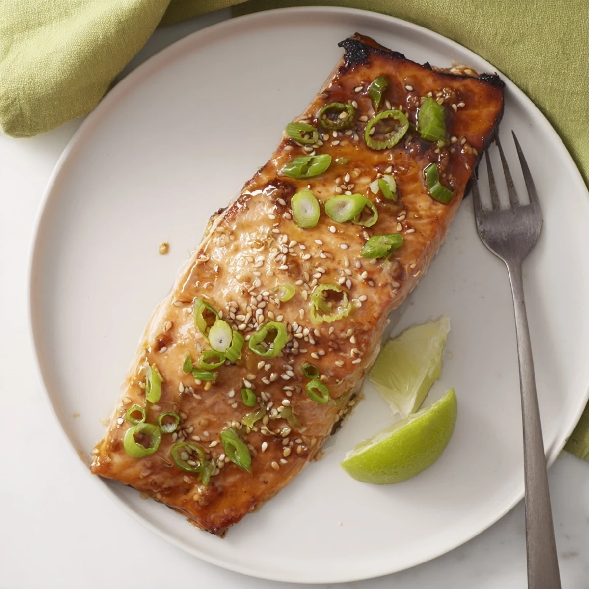 Flaky baked salmon fillets glistening with a sweet and savory teriyaki glaze, served with fresh lime and green onions.  