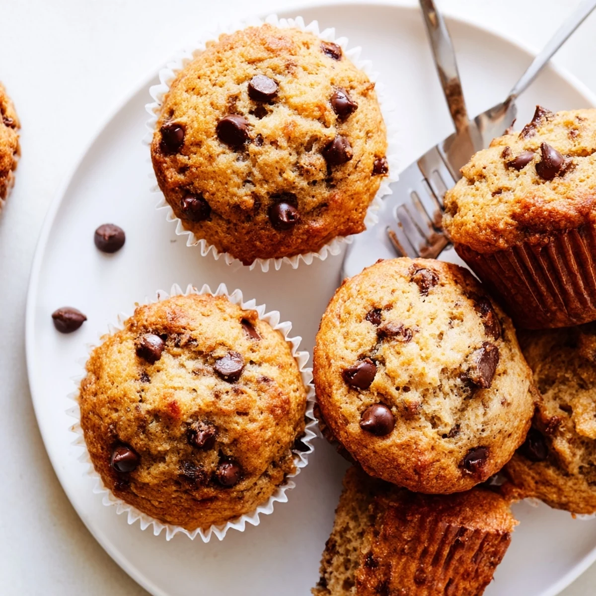 Golden brown Chocolate Chip Banana Bread Muffins in a paper liner, ready for breakfast.