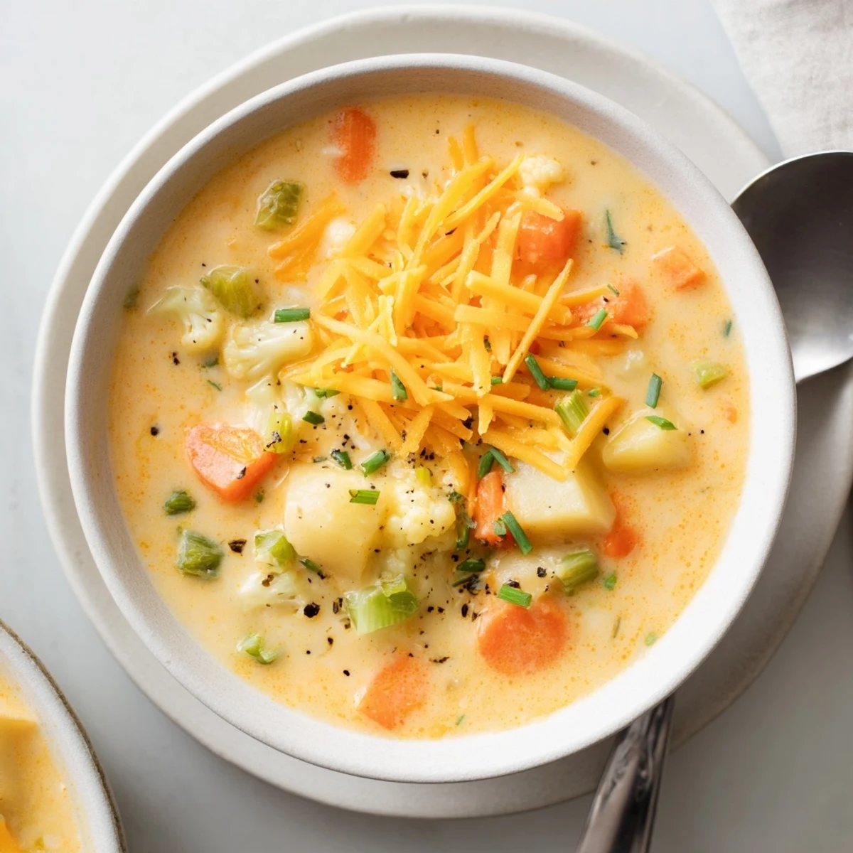 Creamy Cauliflower Chowder with Cheddar steams in a rustic bowl, garnished with fresh chives and extra sharp cheese for a cozy meal.