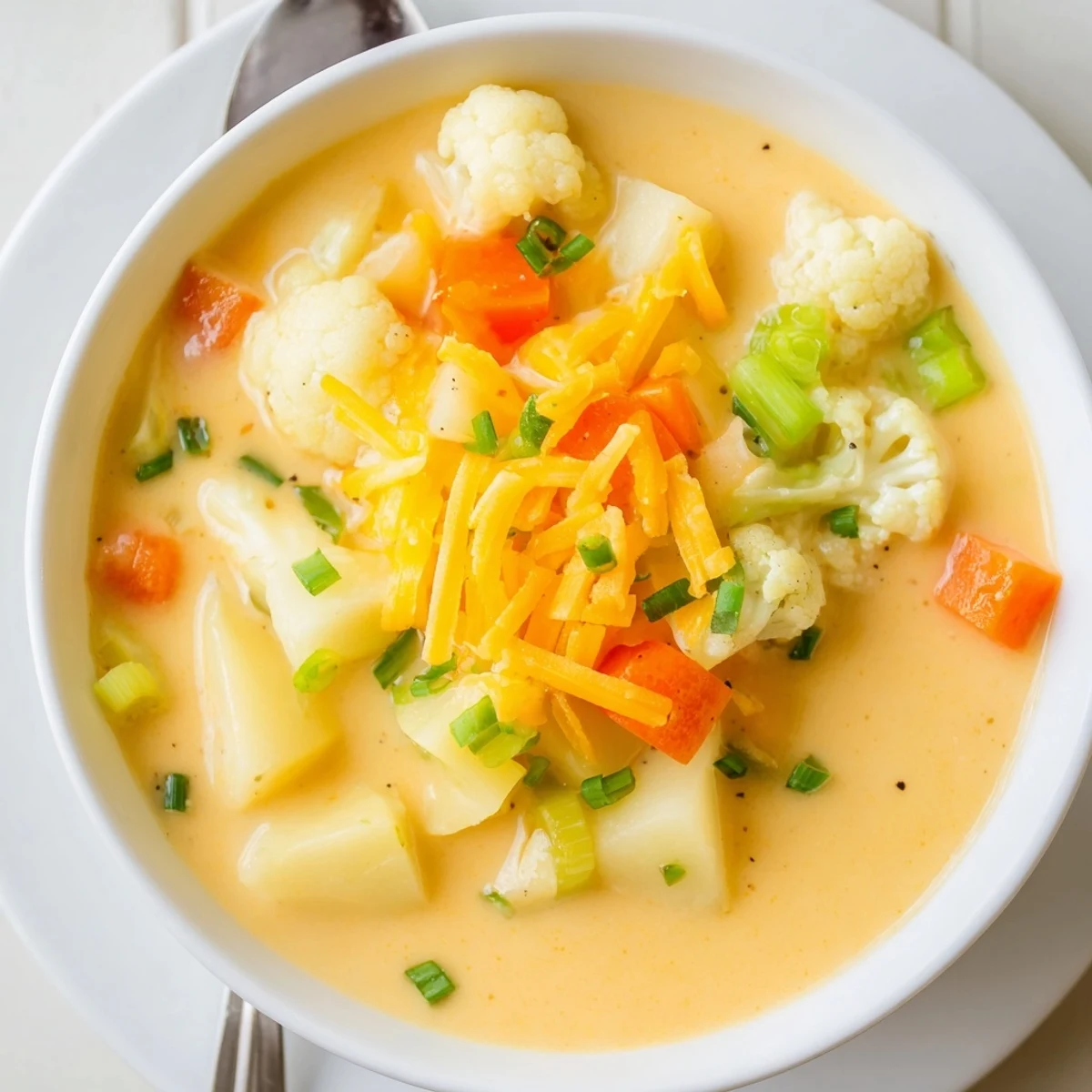Close-up of Creamy Cauliflower Chowder with Cheddar in a mug, topped with cheddar shreds and chives beside a slice of crusty bread.