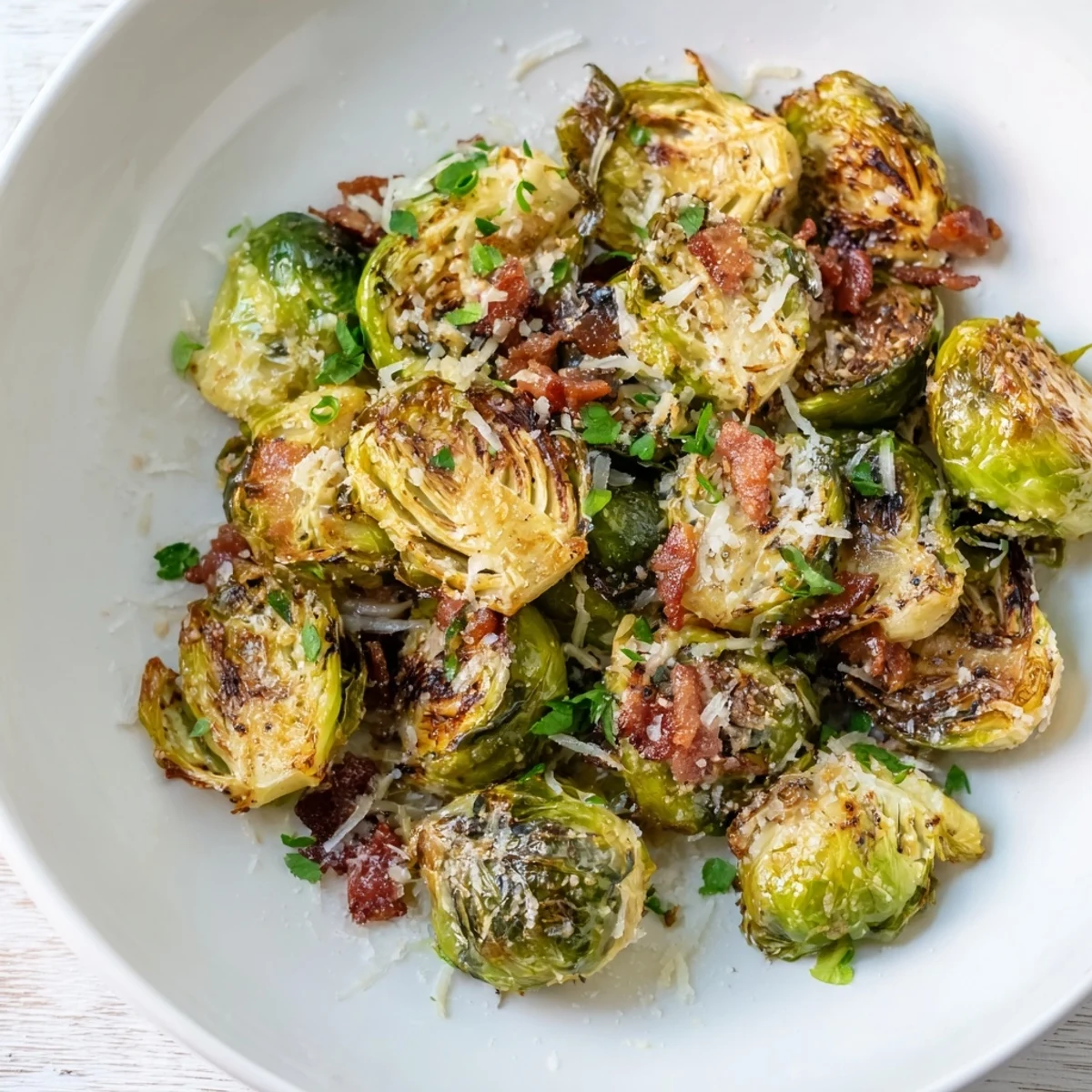 Roasted Brussels sprouts with crispy turkey bacon, garnished with parsley and optional Parmesan, served hot.