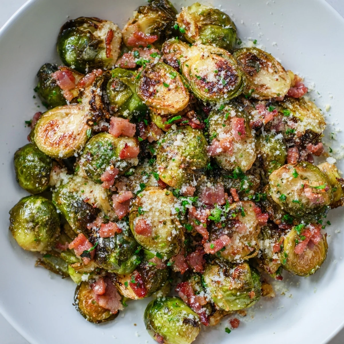 A delicious Roasted Brussels Sprouts with Turkey Bacon side dish, gluten-free and ready to serve.