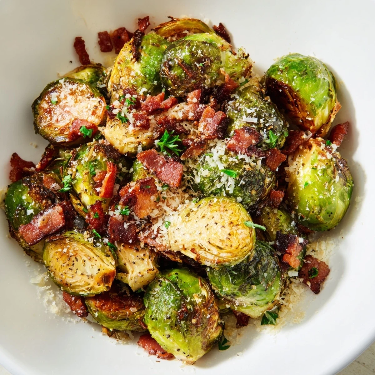 Golden roasted Brussels sprouts tossed with savory turkey bacon on a parchment-lined baking sheet.