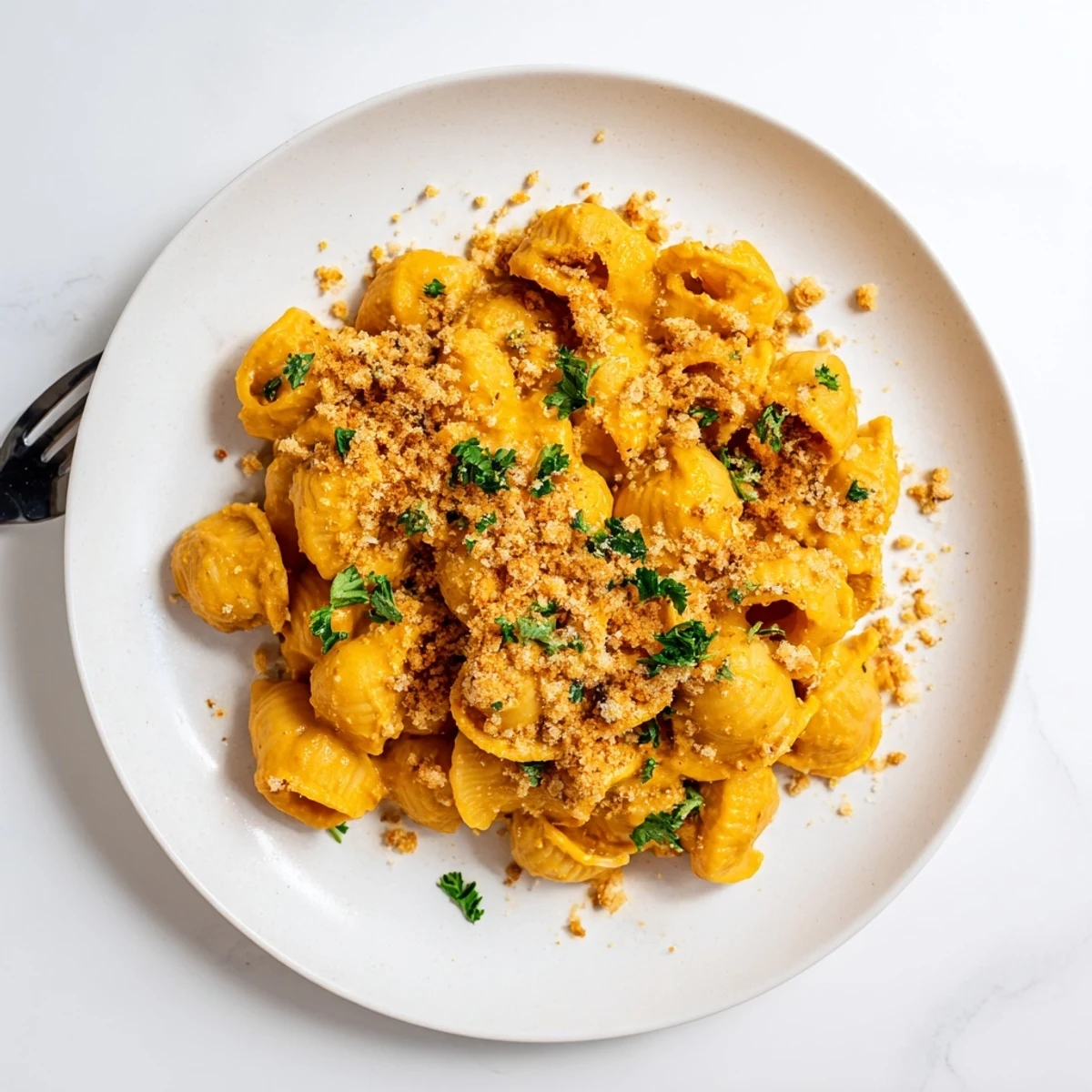 Steaming bowls of Vegan Butternut Squash Mac and Cheese feature creamy orange sauce clinging to tender elbow pasta, topped with golden toasted panko and fresh parsley.