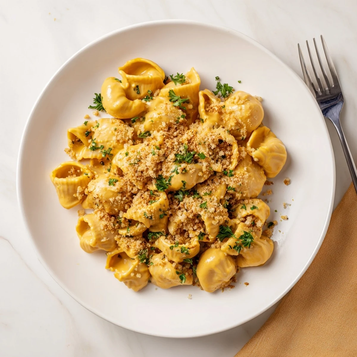 A close-up shot showcases a forkful of rich Vegan Butternut Squash Mac and Cheese with roasted squash cubes and velvety cashew cream sauce.