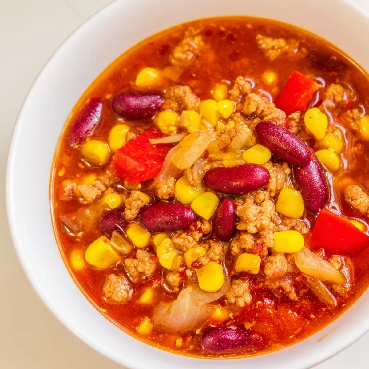 A steaming bowl of Turkey Chili with Kidney Beans and Corn, topped with fresh cilantro and green onions, served beside warm cornbread for a cozy weeknight dinner.