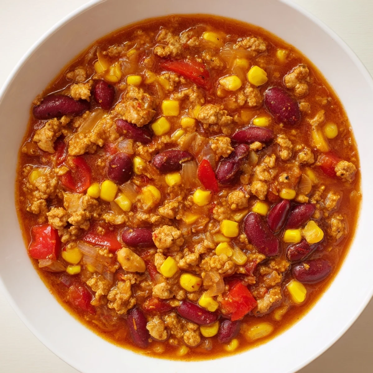 Hearty Turkey Chili with Kidney Beans and Corn simmering in a pot, featuring tender ground turkey, sweet corn, and red kidney beans in a rich, aromatic tomato base.