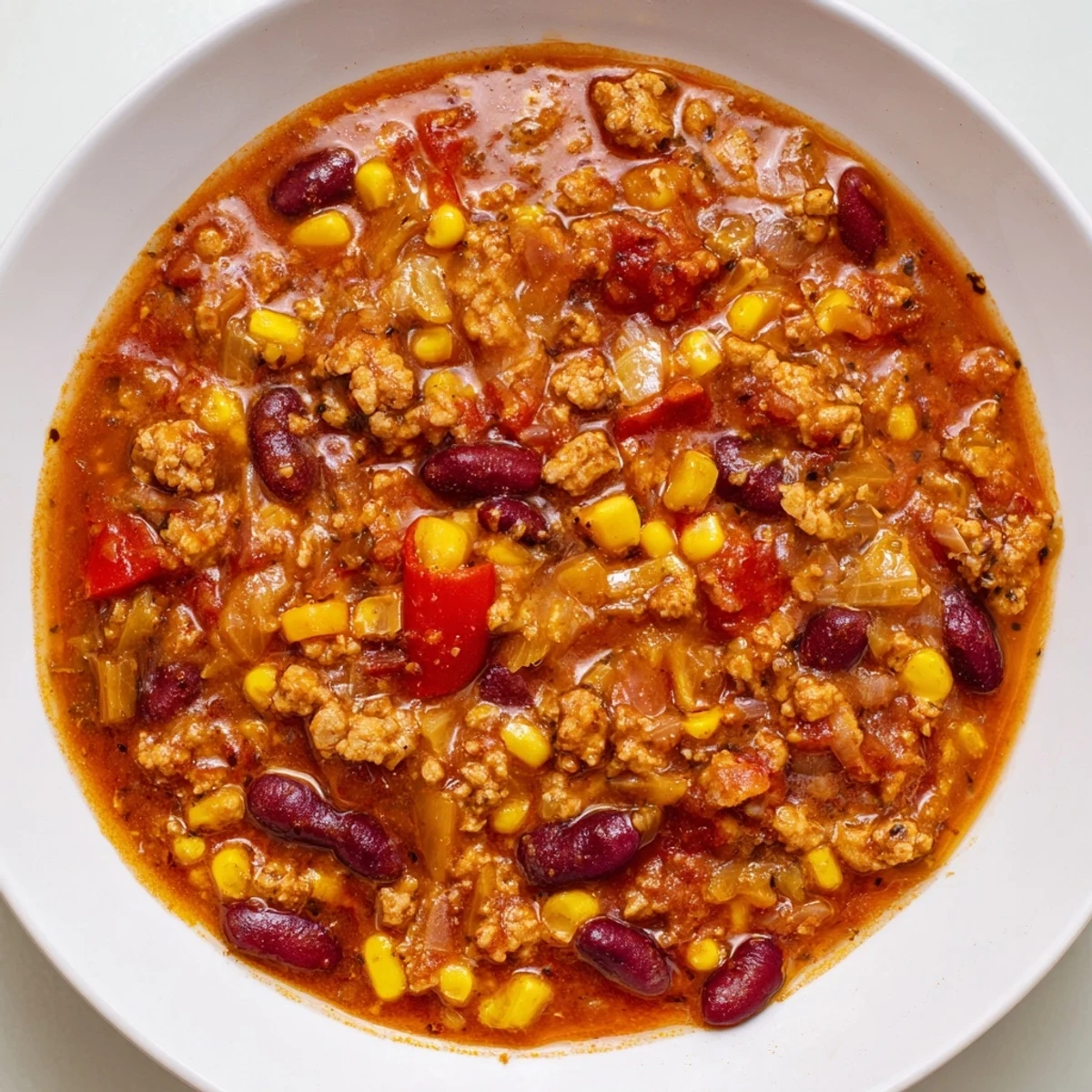 Close-up of a ladle lifting Turkey Chili with Kidney Beans and Corn, showcasing the chunky texture and vibrant colors of beans, corn, and spices in a rustic setting.