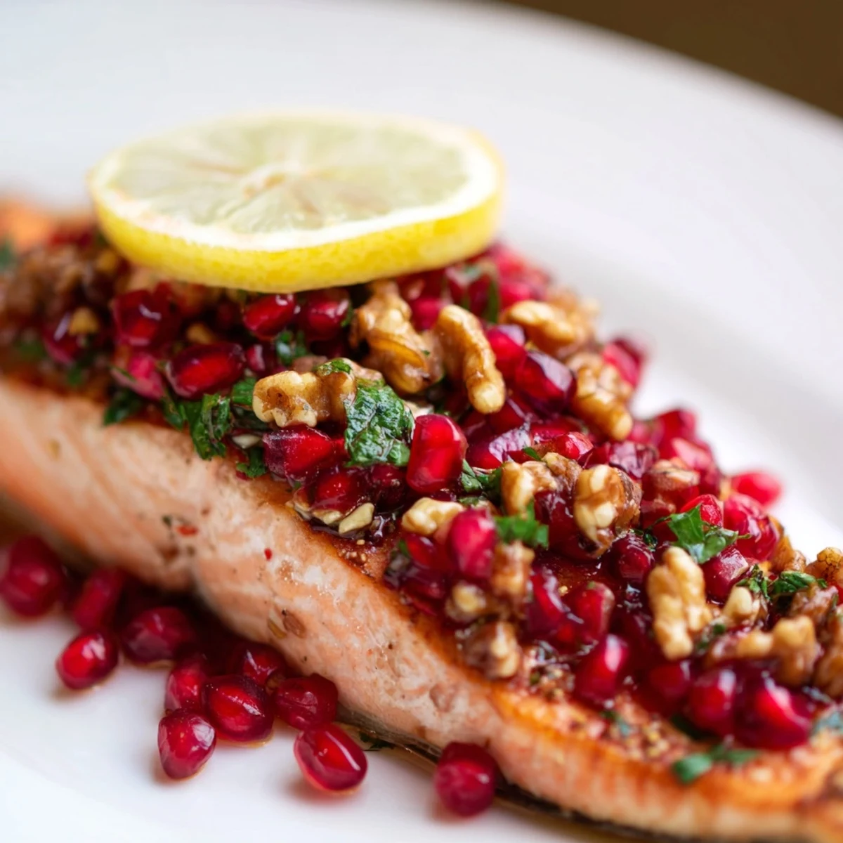 Freshly baked salmon fillets topped with juicy pomegranate seeds and crunchy chopped walnuts, ready to serve.