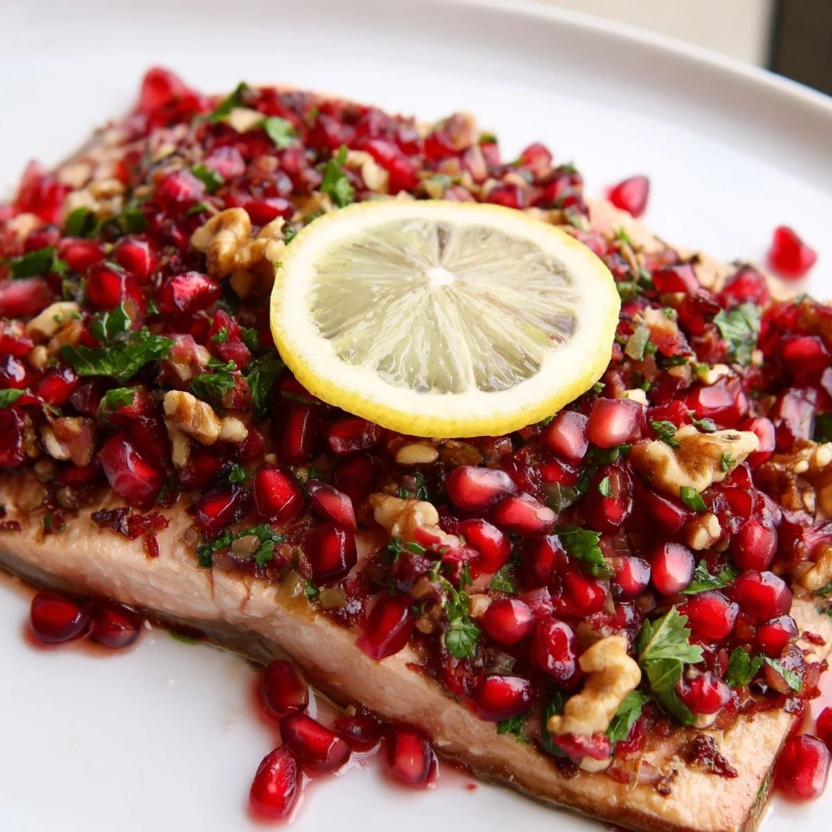 Mediterranean-style baked salmon garnished with fresh mint, parsley, and a zesty lemon drizzle.