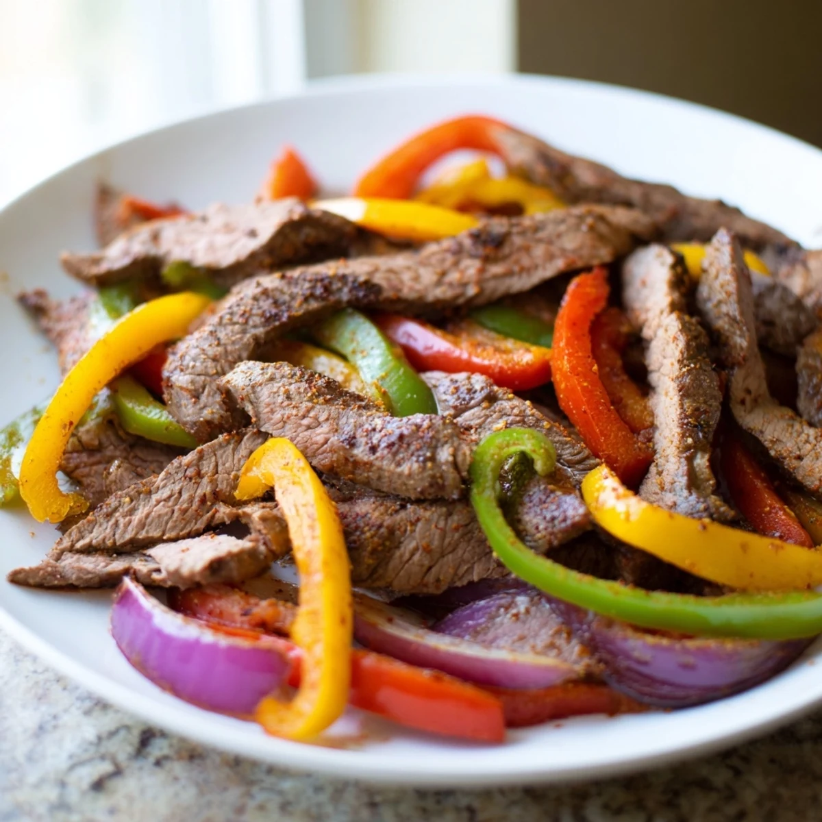 Roasted strips of flank steak, red yellow, and green peppers, and onions seasoned with bold Tex-Mex spices on a sheet pan.