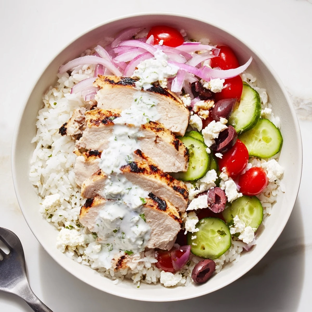 Crisp cucumbers, cherry tomatoes, and crumbled feta add bright color and texture to the vibrant bowl.