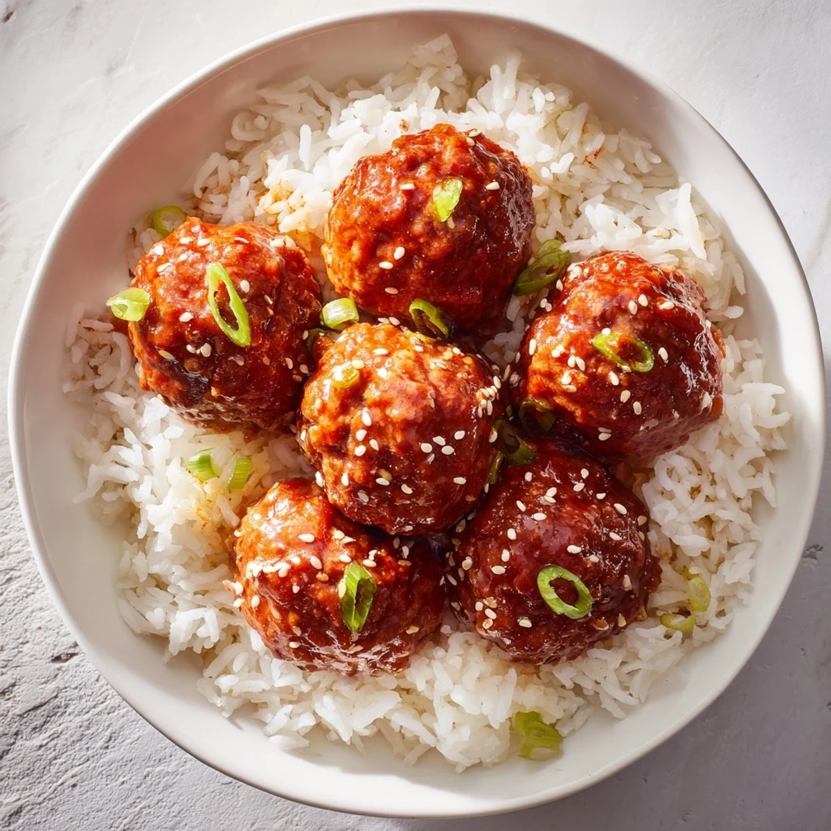 Glossy Sriracha beef meatballs glisten over fluffy steamed rice, garnished with fresh green onions and sesame seeds for a bold meal.  