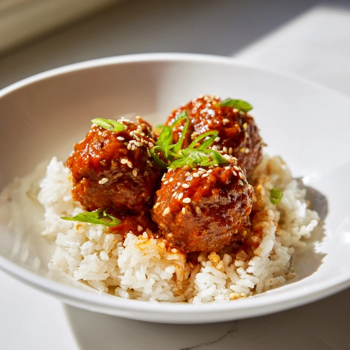 Hearty Spicy Sriracha Beef Meatballs served over steamed rice, glazed with a sticky sweet heat sauce and ready to enjoy.  