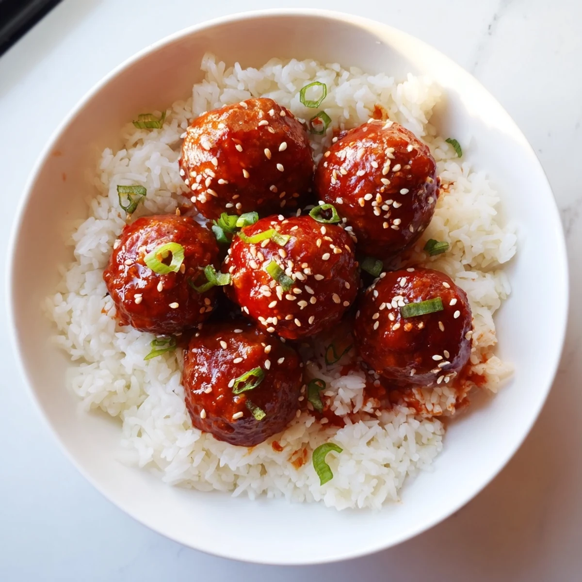 Golden baked beef meatballs with a fiery Sriracha glaze resting on steamed rice, garnished with sesame seeds for a flavorful dinner.
