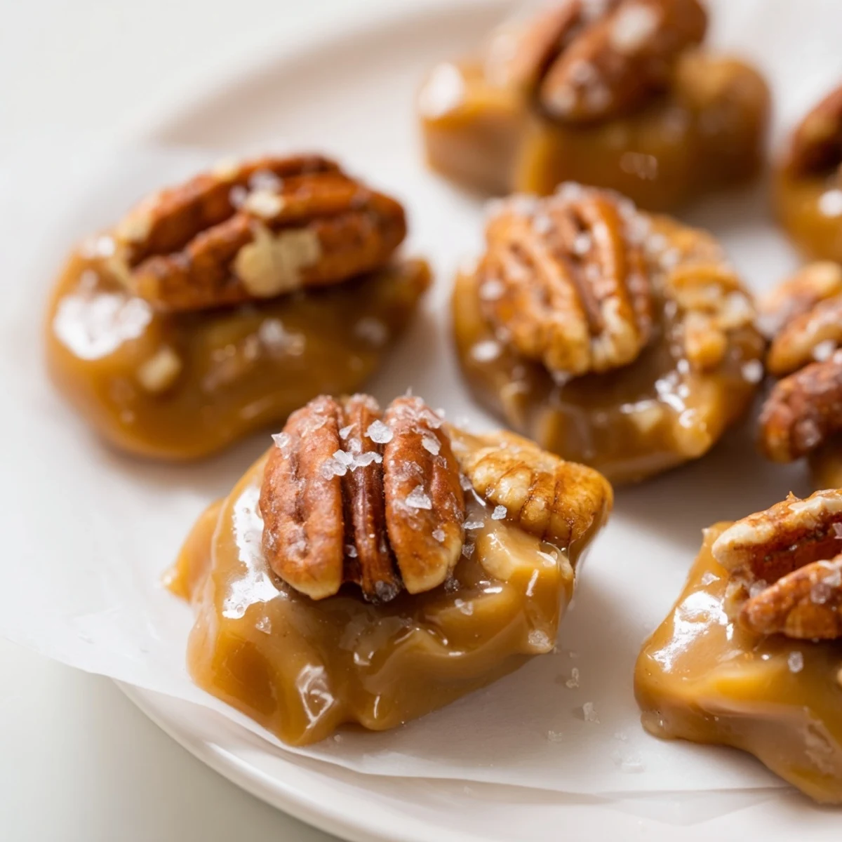 Golden Mardi Gras Pecan Pralines arranged on a festive purple, green, and gold backdrop, their toasted nut halves glistening in creamy caramel.