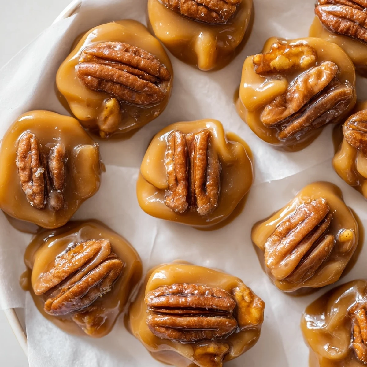 Stack of homemade Mardi Gras Pecan Pralines on a parchment-lined tray, showcasing the soft, fudge-like texture of these classic Southern confections.