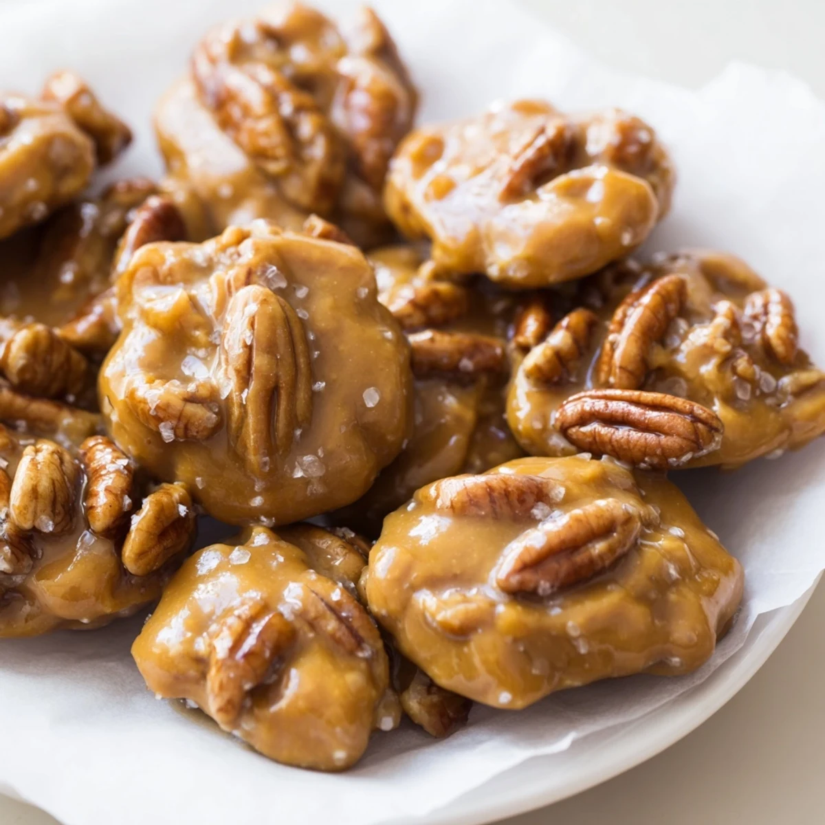 Close-up view of a single Mardi Gras Pecan Praline being lifted, revealing the rich, creamy caramel and crunchy toasted pecan interior.