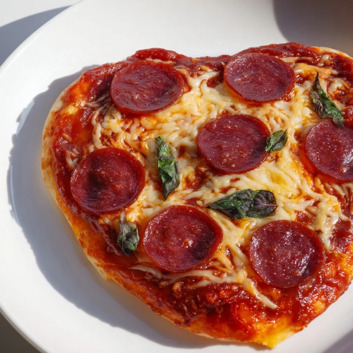 A golden, heart-shaped halal pepperoni pizza with melted mozzarella on a rustic wooden table.