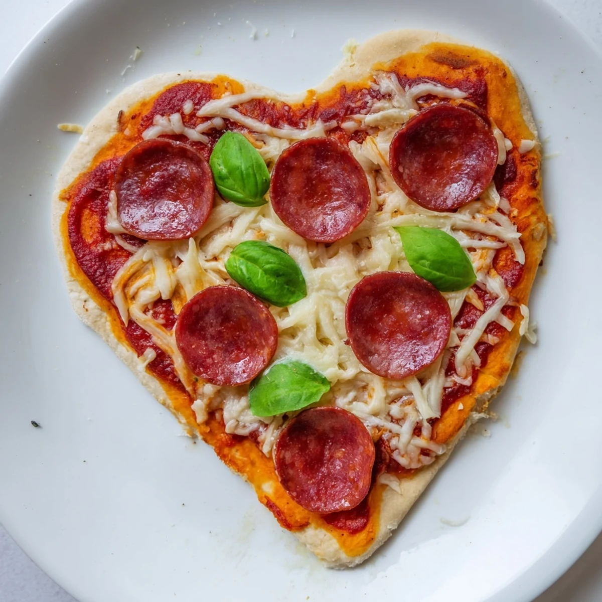 Two golden, heart-shaped halal pepperoni pizzas with bubbling cheese and fresh basil garnish.