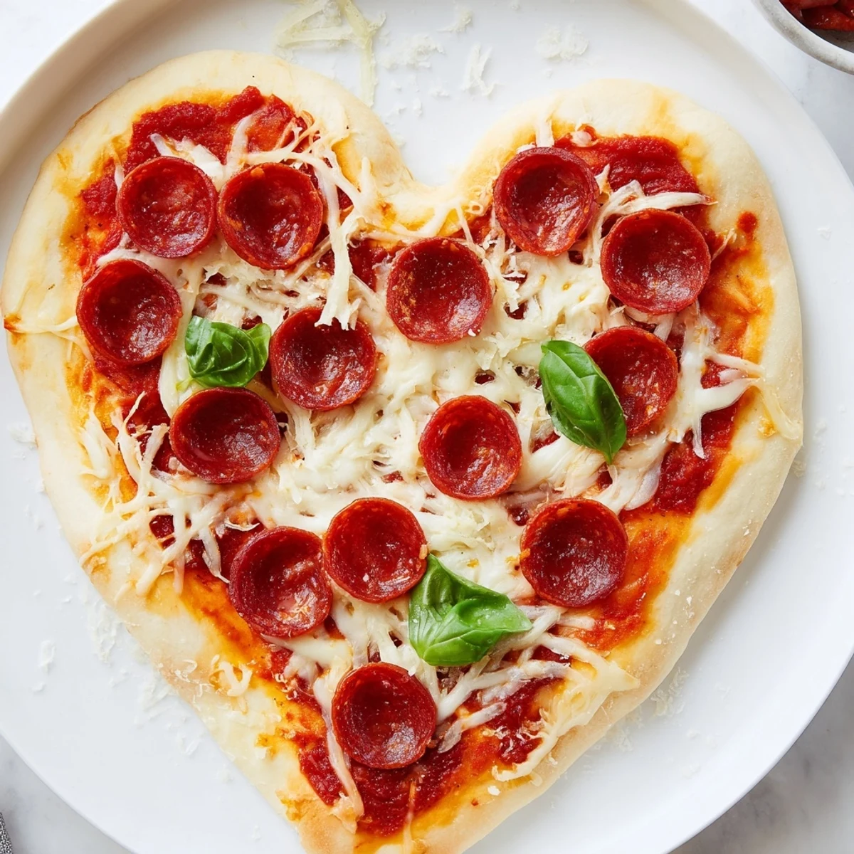 Fresh basil garnish accents the gooey cheese and savory halal pepperoni on this romantic pizza.