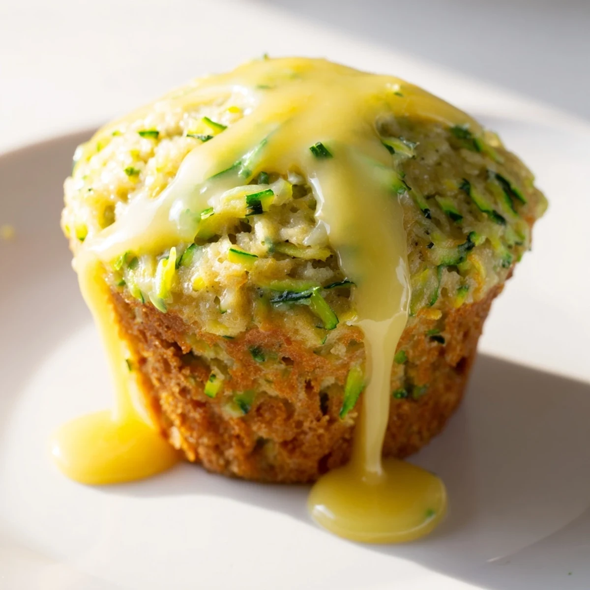 A close-up of moist Green Zucchini Muffins with Lemon Glaze, revealing flecks of green zucchini and a tangy citrus glaze.