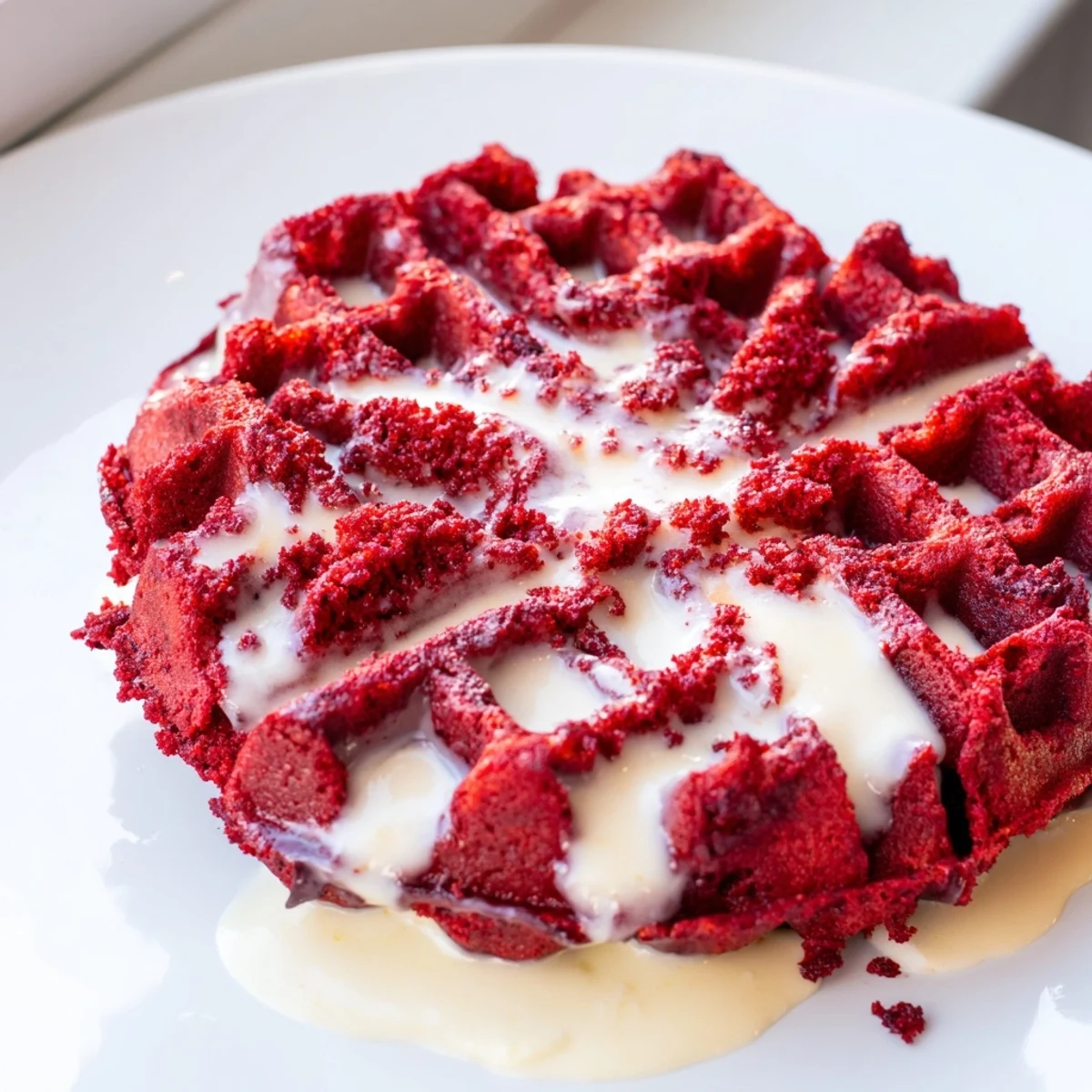 Freshly cooked Red Velvet Waffles with Cream Cheese Syrup, drizzled heavily over the stack.