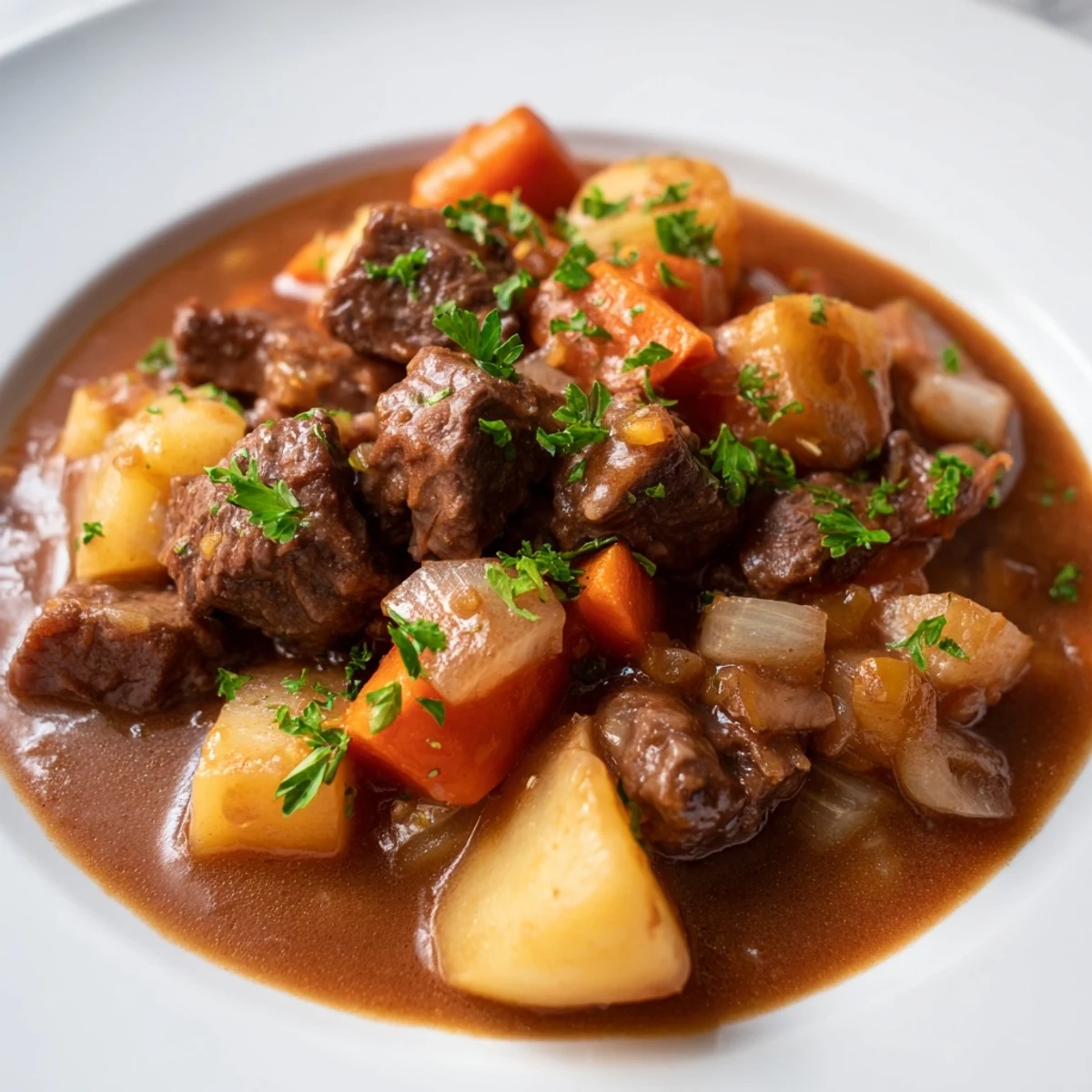Close-up of the Irish Beef Stew with Root Vegetables, featuring chunky carrots, potatoes, and parsnips in a glossy broth, garnished with fresh parsley.