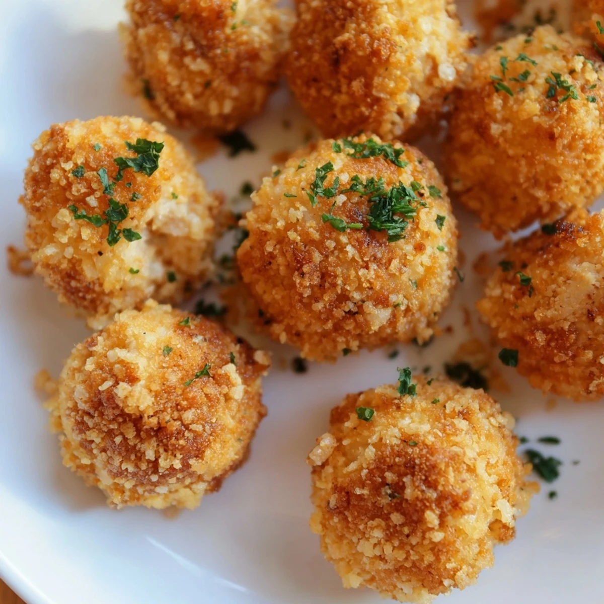 Golden-brown Tailgate Sausage and Cheese Balls, fresh from the oven, arranged on a rustic wooden serving platter.  